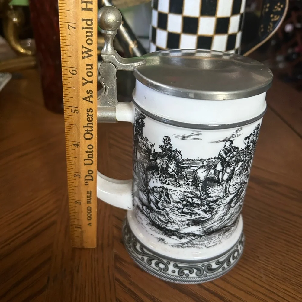 Vintage White Milk Glass German Beer Stein Mug with Pewter Lid